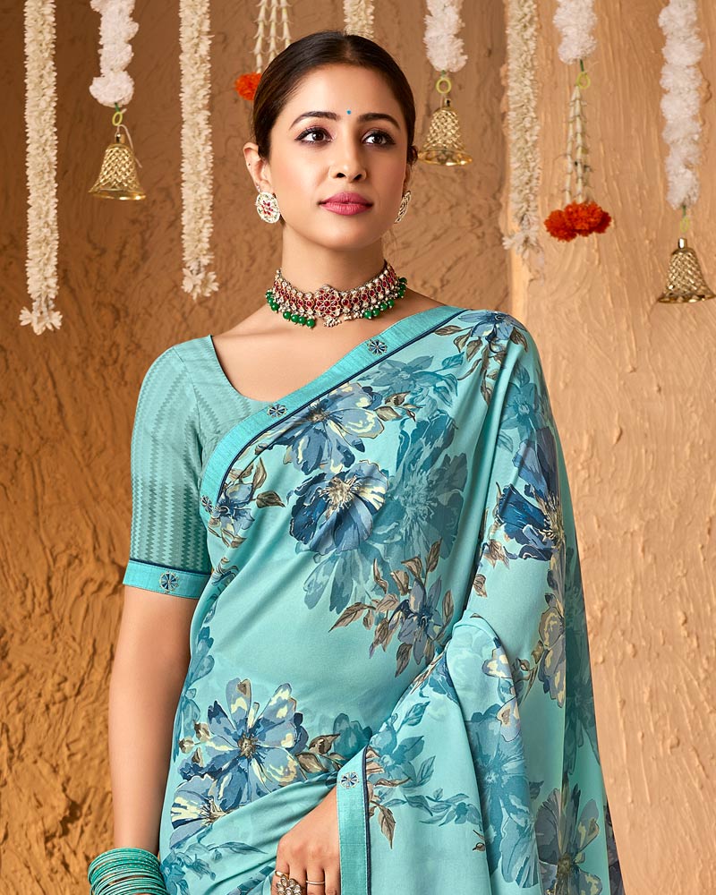 Vishal Prints Fountain Blue Crepe-Georgette Digital Print Saree With Fancy Border