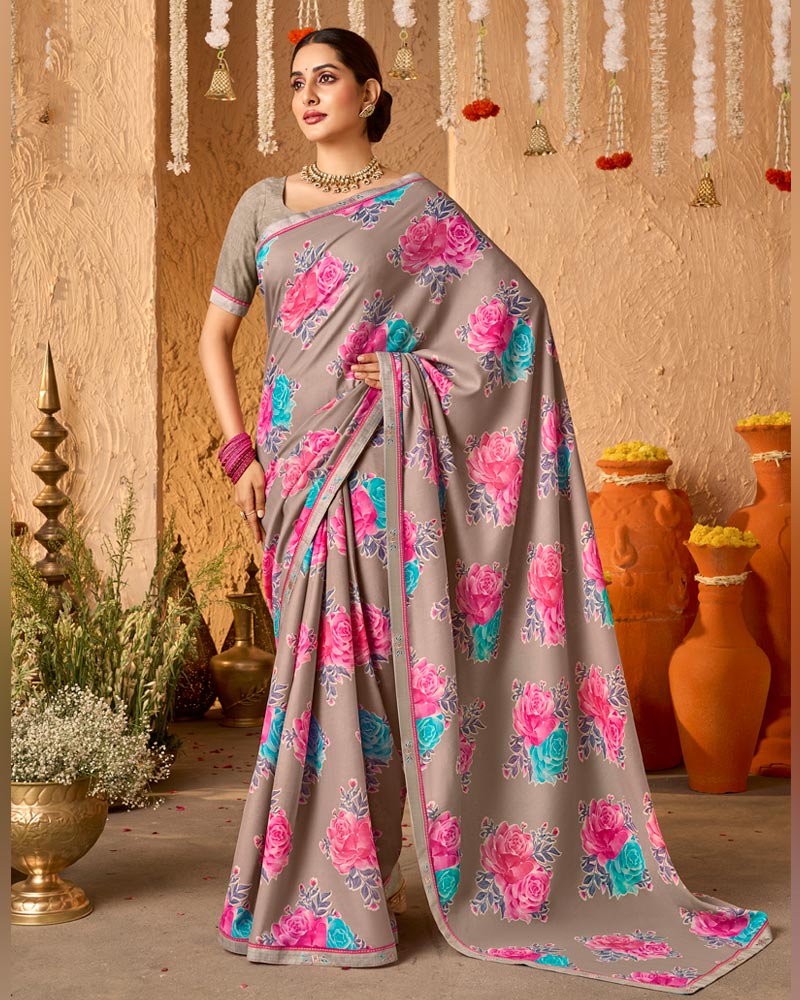 Vishal Prints Warm Grey Brown Crepe-Georgette Digital Print Saree With Fancy Border