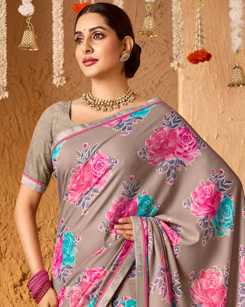 Vishal Prints Warm Grey Brown Crepe-Georgette Digital Print Saree With Fancy Border