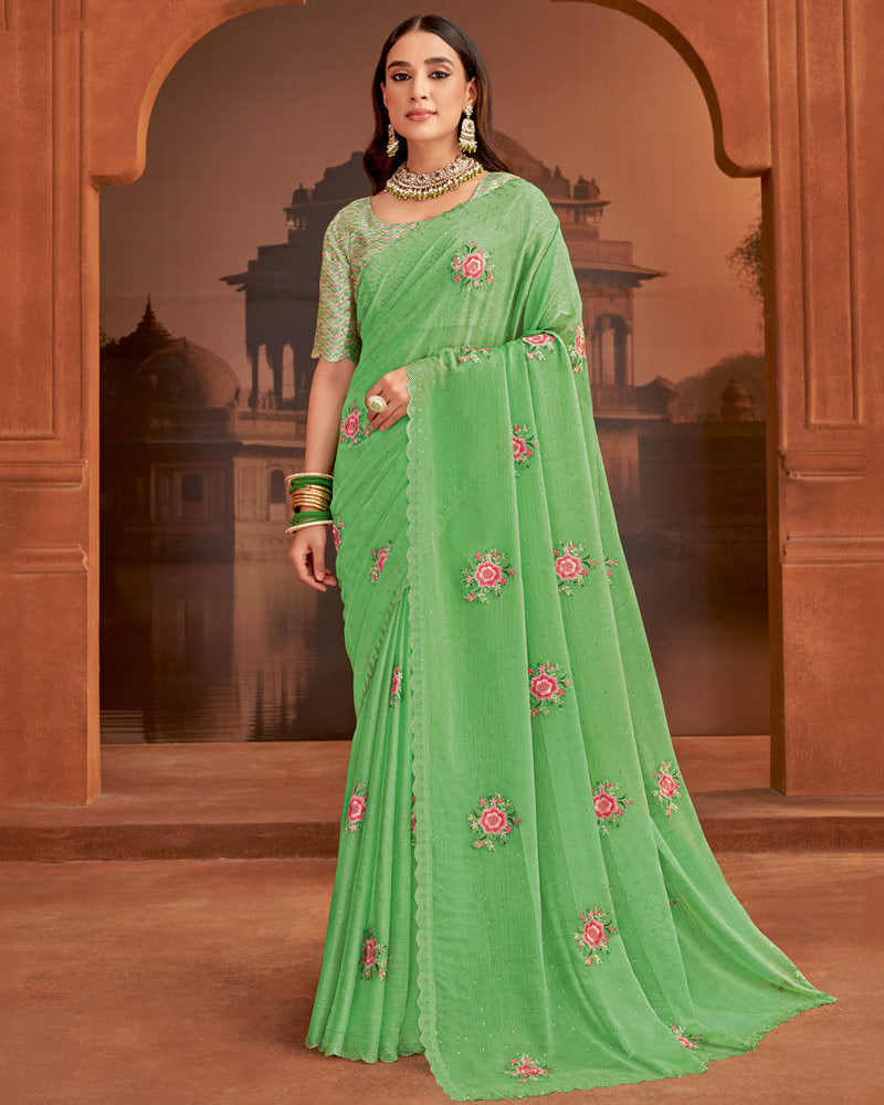 Vishal Prints Dusty Green Designer Fancy Chiffon Saree With Embroidery-Diamond Work And Cut Work Border