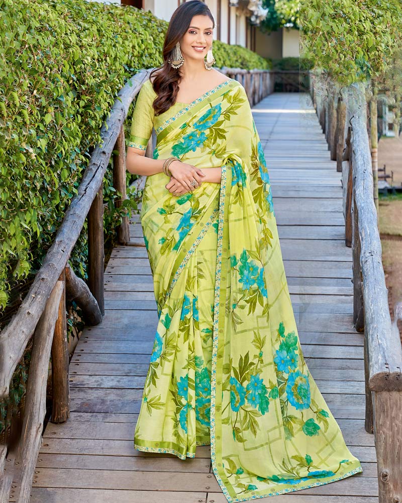 Vishal Prints Pastel Yellow Printed Brasso Saree With Fancy Border