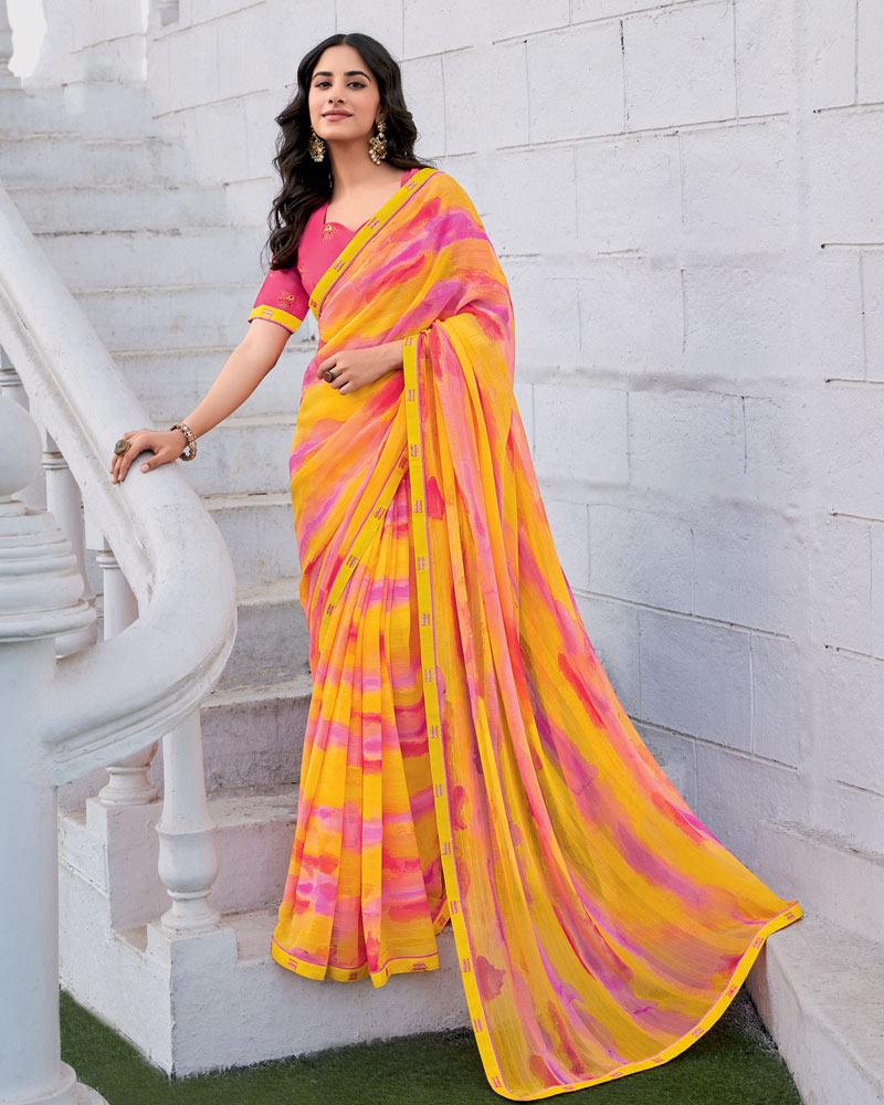 Vishal Prints Light Orange Printed Patterned Georgette Saree With Fancy Border