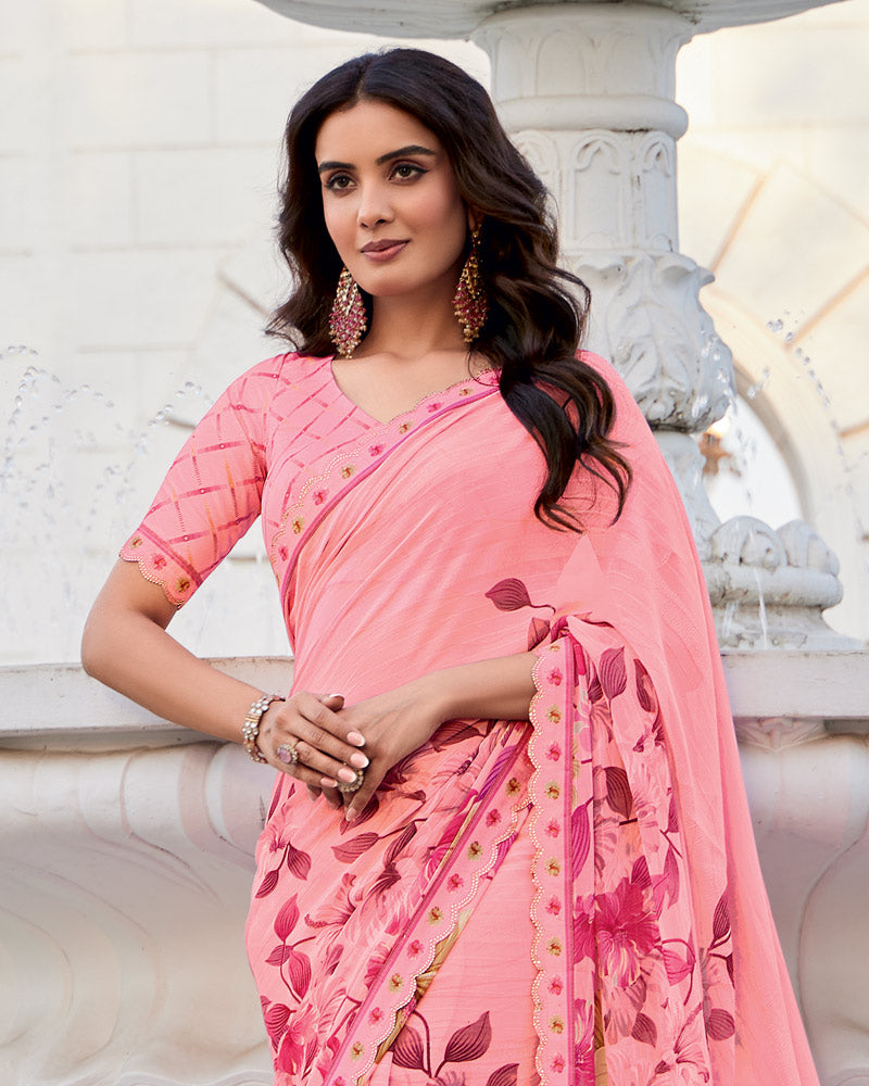 Vishal Prints Daisy Pink Printed Patterned Georgette Saree With Fancy Border