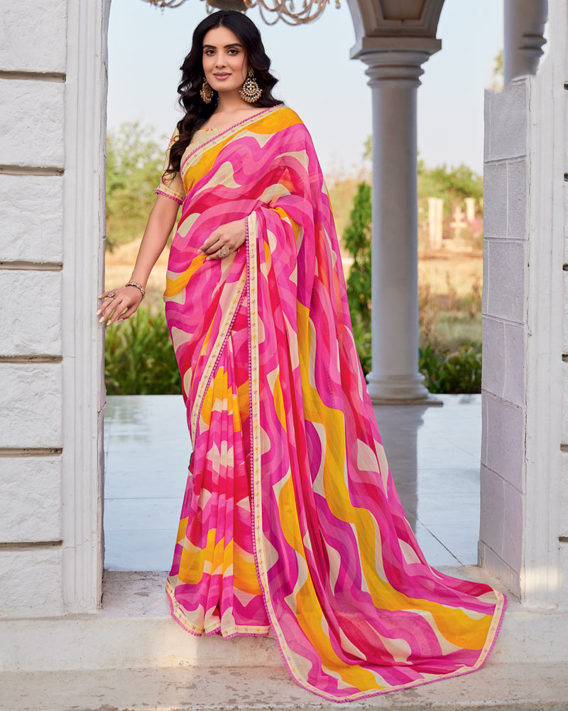 Vishal Prints Blush Pink Printed Patterned Georgette Saree With Fancy Border