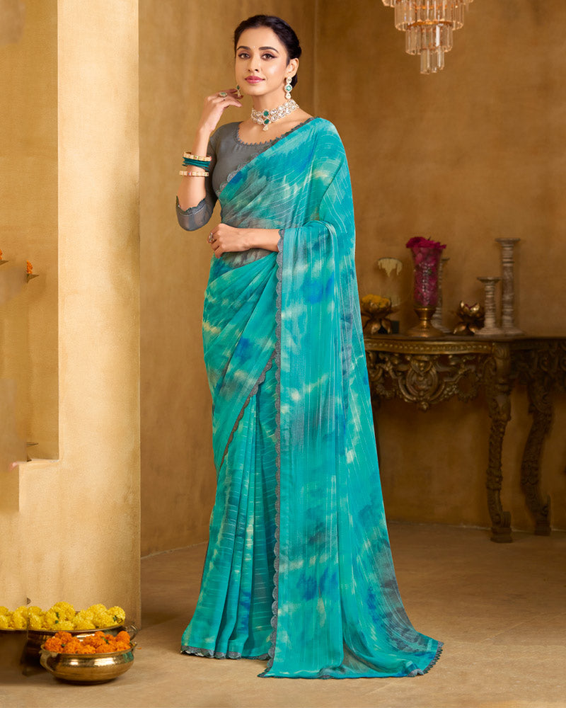 Vishal Prints Pacific Blue Printed Patterened Georgette Saree With Fancy Border