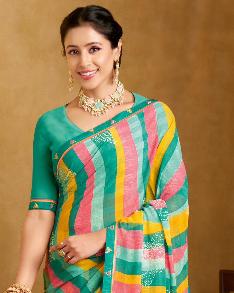 Vishal Prints Persian Green Printed Patterened Georgette Saree With Fancy Border