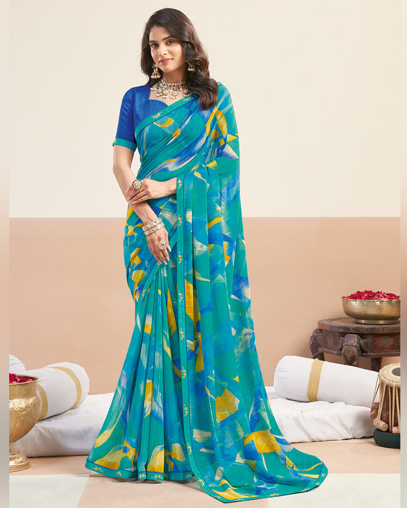 Vishal Prints Teal Blue Printed Patterned Georgette Digital Print Saree With Fancy Border