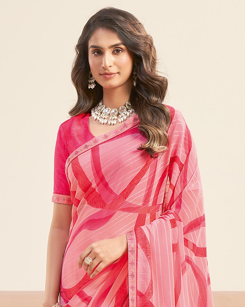 Vishal Prints Coral Pink Printed Patterned Georgette Digital Print Saree With Fancy Border