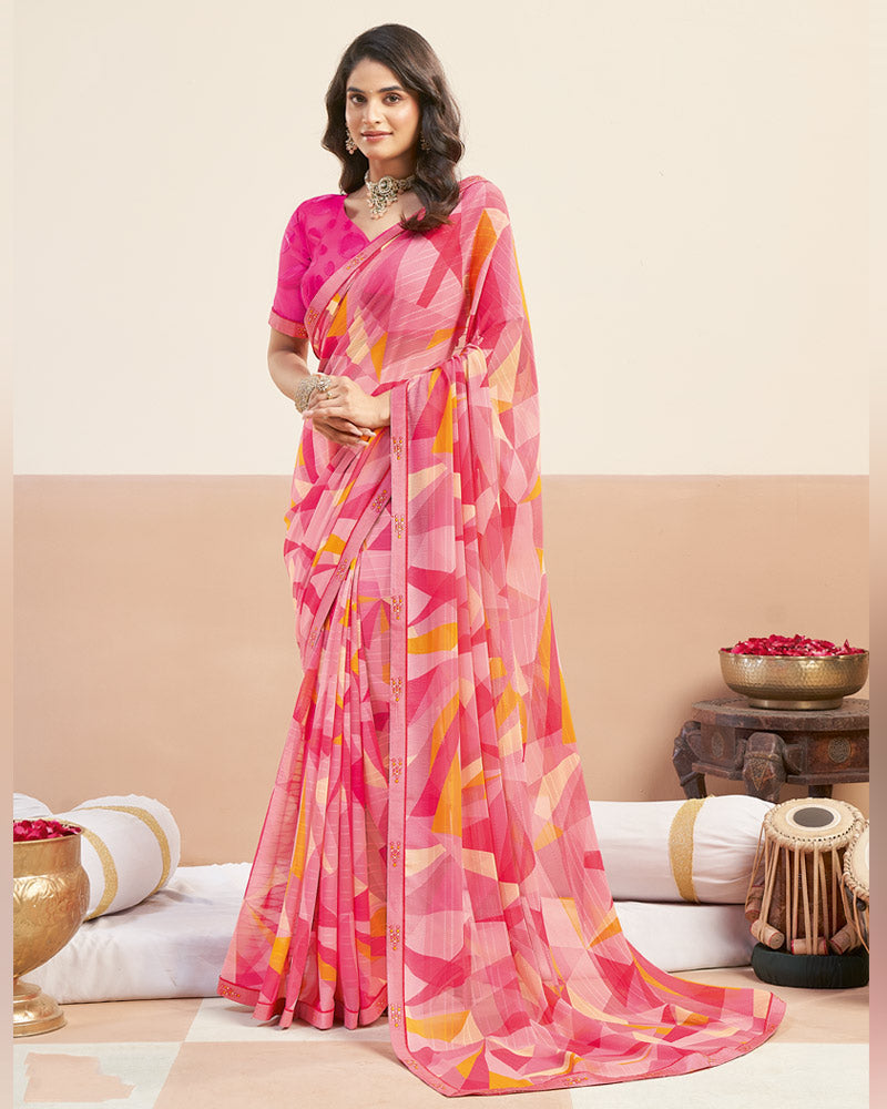 Vishal Prints Rose Pink Printed Patterned Georgette Digital Print Saree With Fancy Border