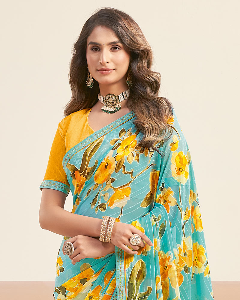 Vishal Prints Sea Green Printed Patterned Georgette Digital Print Saree With Fancy Border