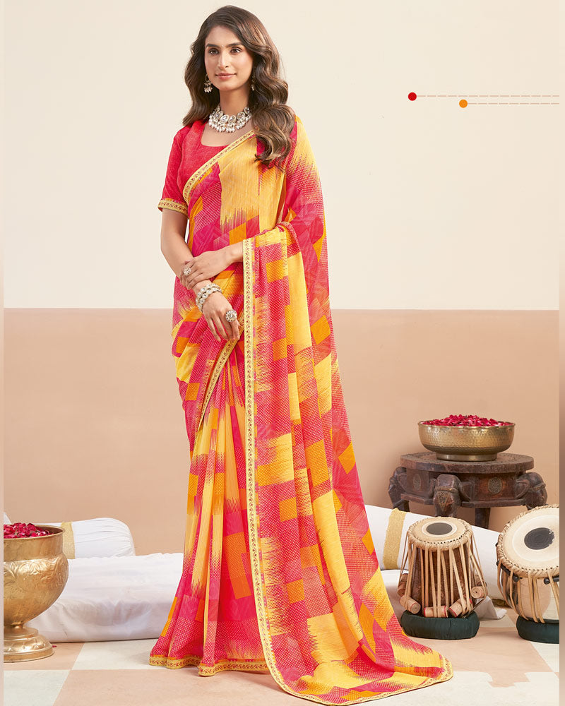Vishal Prints Apricot Yellow Printed Patterned Georgette Digital Print Saree With Fancy Border