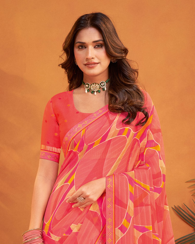 Vishal Prints Salmon Pink Patterned Georgette Printed Saree With Fancy Embroidery Border