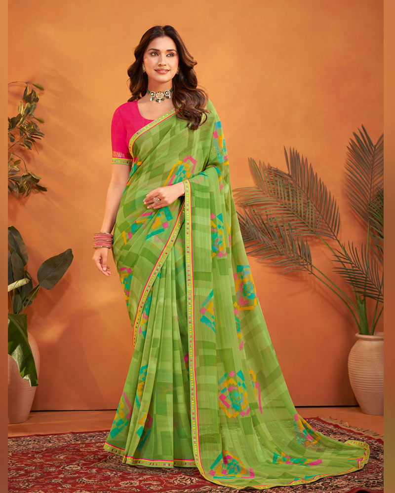 Vishal Prints Olive Green Patterned Georgette Printed Saree With Fancy Embroidery Border