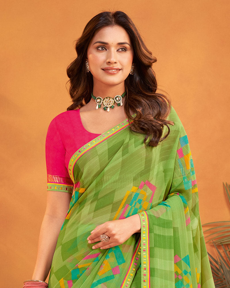 Vishal Prints Olive Green Patterned Georgette Printed Saree With Fancy Embroidery Border