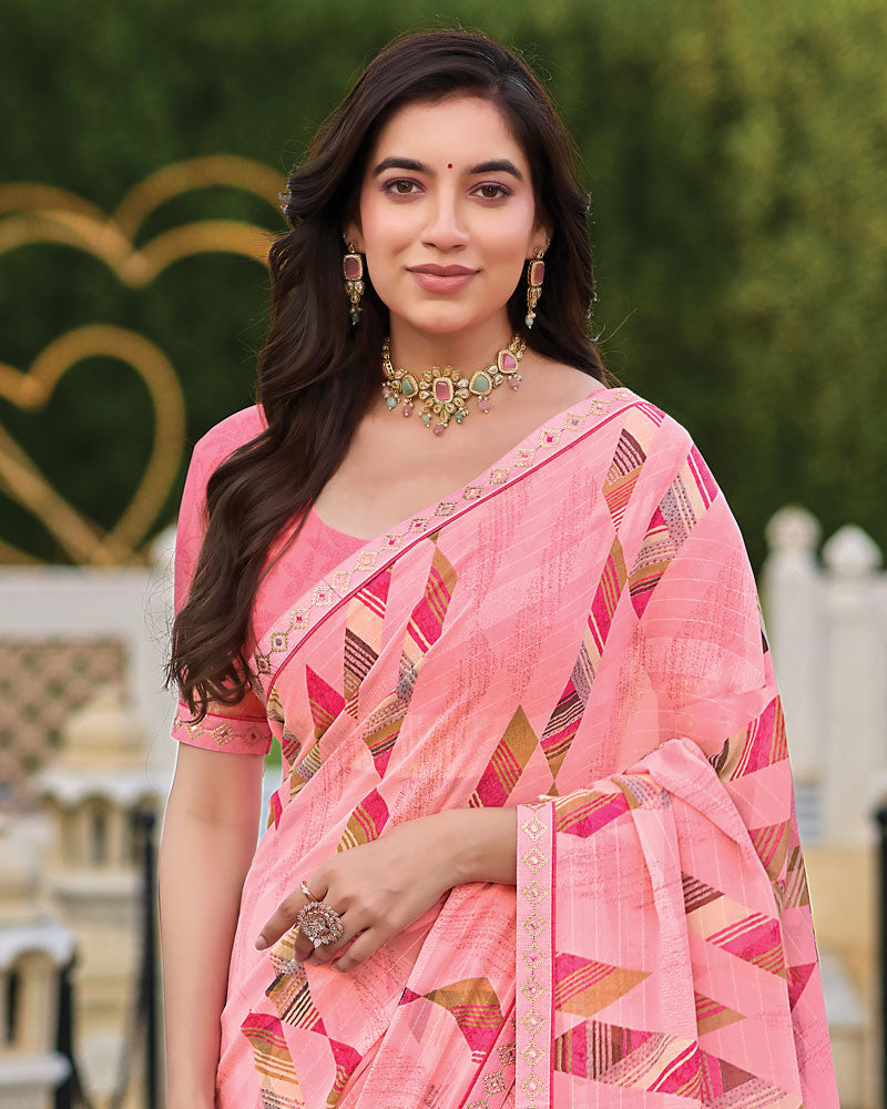 Vishal Prints Flamingo Pink Printed Patterned Georgette Saree With Fancy Border