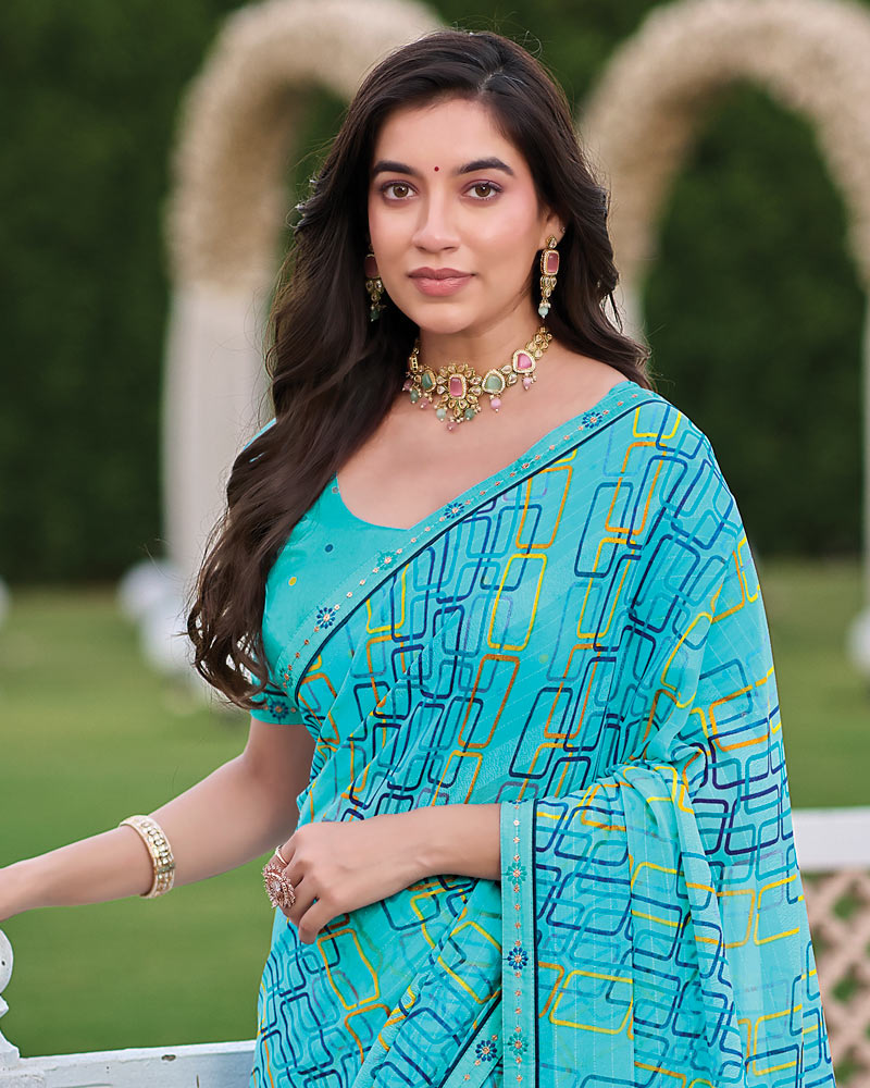 Vishal Prints Fountain Blue Printed Patterned Georgette Saree With Fancy Border