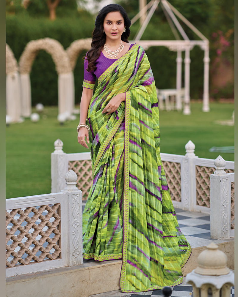 Vishal Prints Light Olive Green Printed Patterned Georgette Saree With Fancy Border