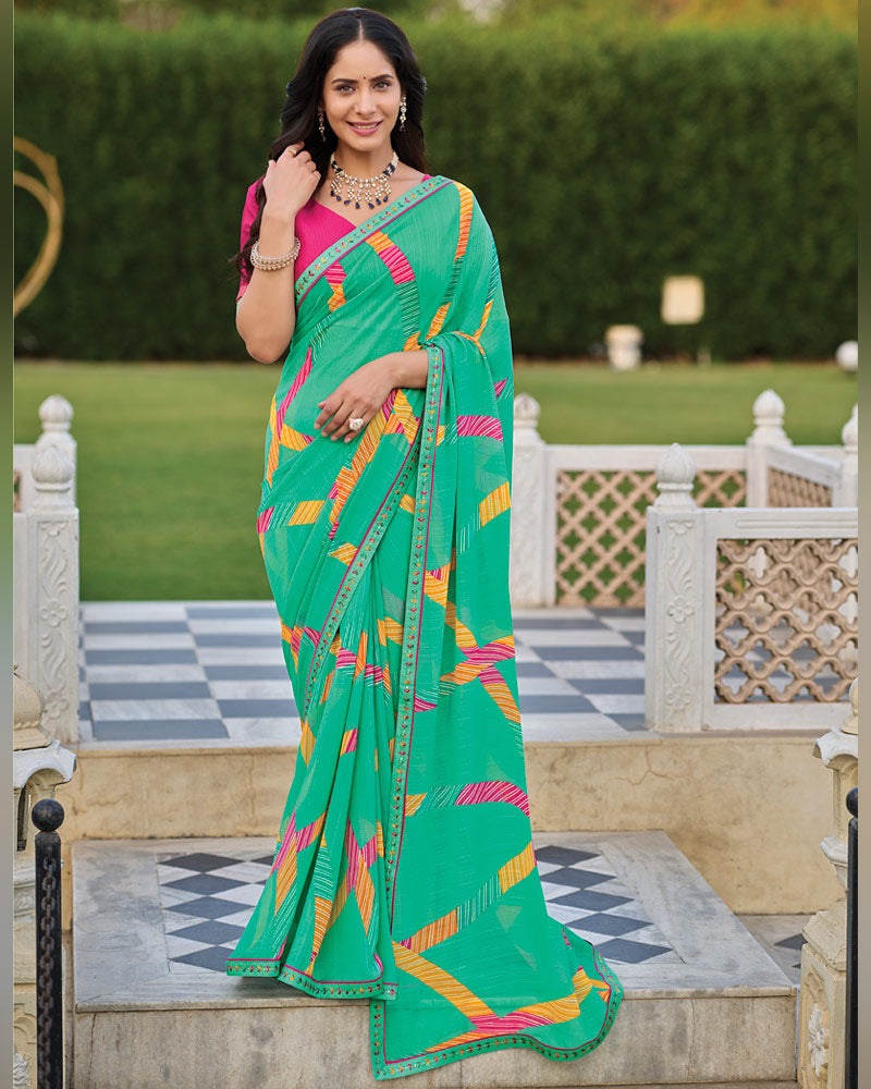 Vishal Prints Dark Mint Green Printed Patterned Georgette Saree With Fancy Border