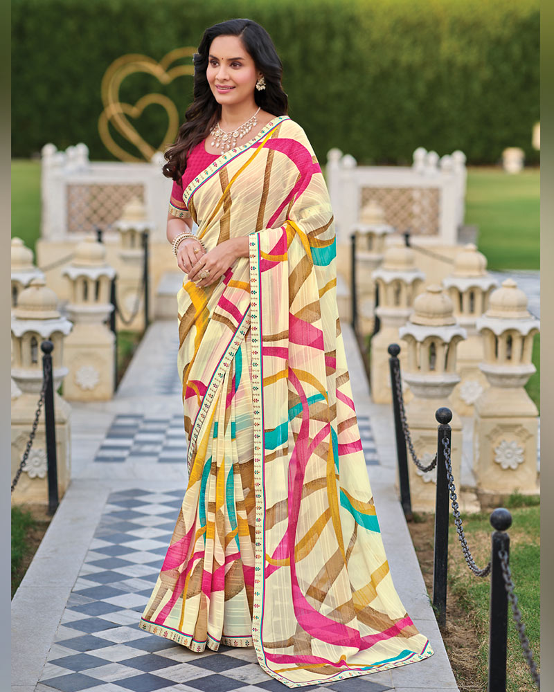 Vishal Prints Light Cream-Yellow Printed Patterned Georgette Saree With Fancy Border