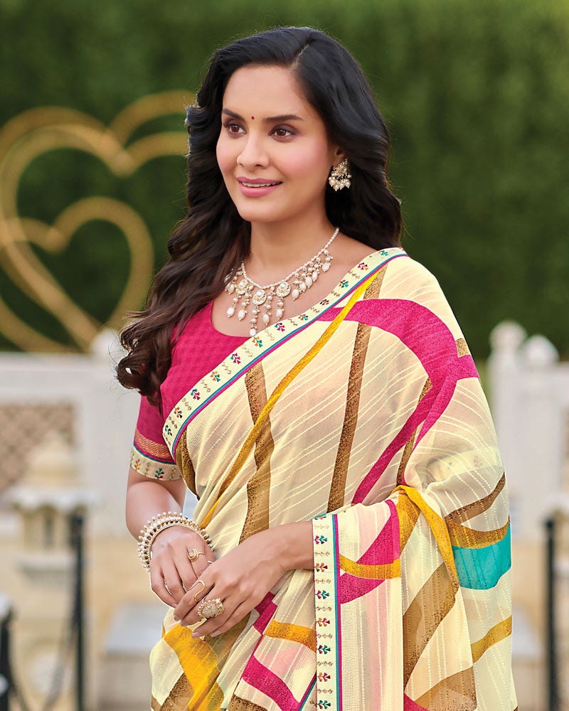 Vishal Prints Light Cream-Yellow Printed Patterned Georgette Saree With Fancy Border