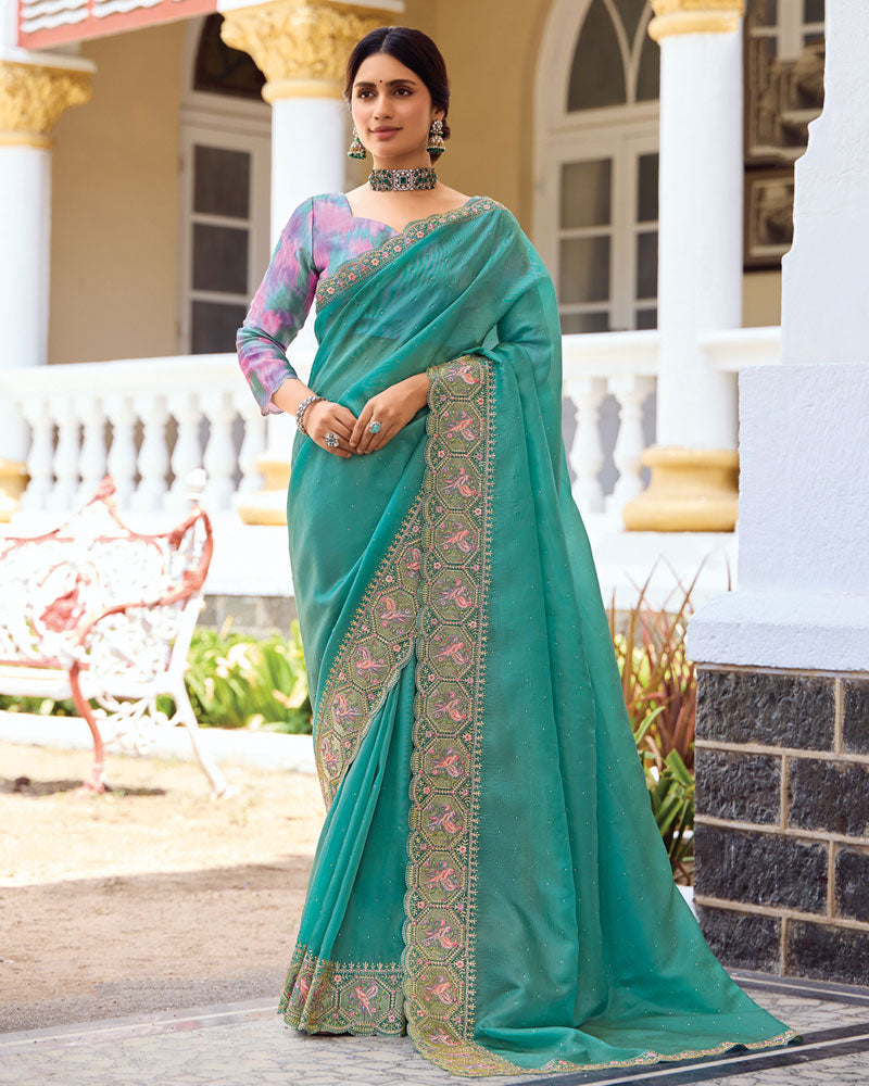 Vishal Prints Dusty Teal Green Designer Fancy Art Silk Saree With Embroidery-Diamond Work And Cut Work Border