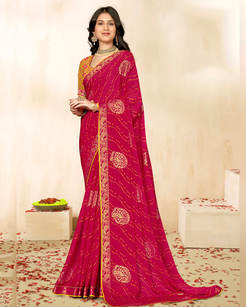 Vishal Prints Purplish Red Printed Chiffon Traditional Print Saree With Foil Print And Zari Border