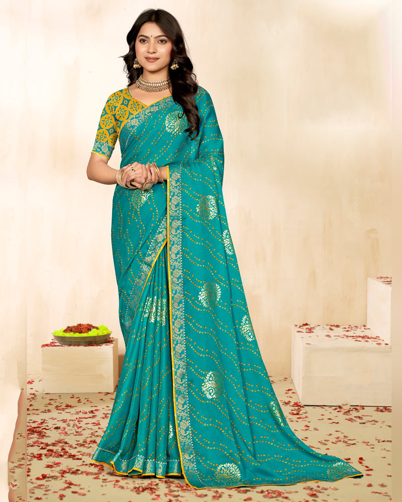 Vishal Prints Teal Blue Printed Chiffon Traditional Print Saree With Foil Print And Zari Border