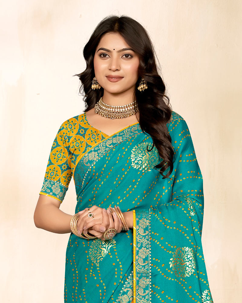 Vishal Prints Teal Blue Printed Chiffon Traditional Print Saree With Foil Print And Zari Border