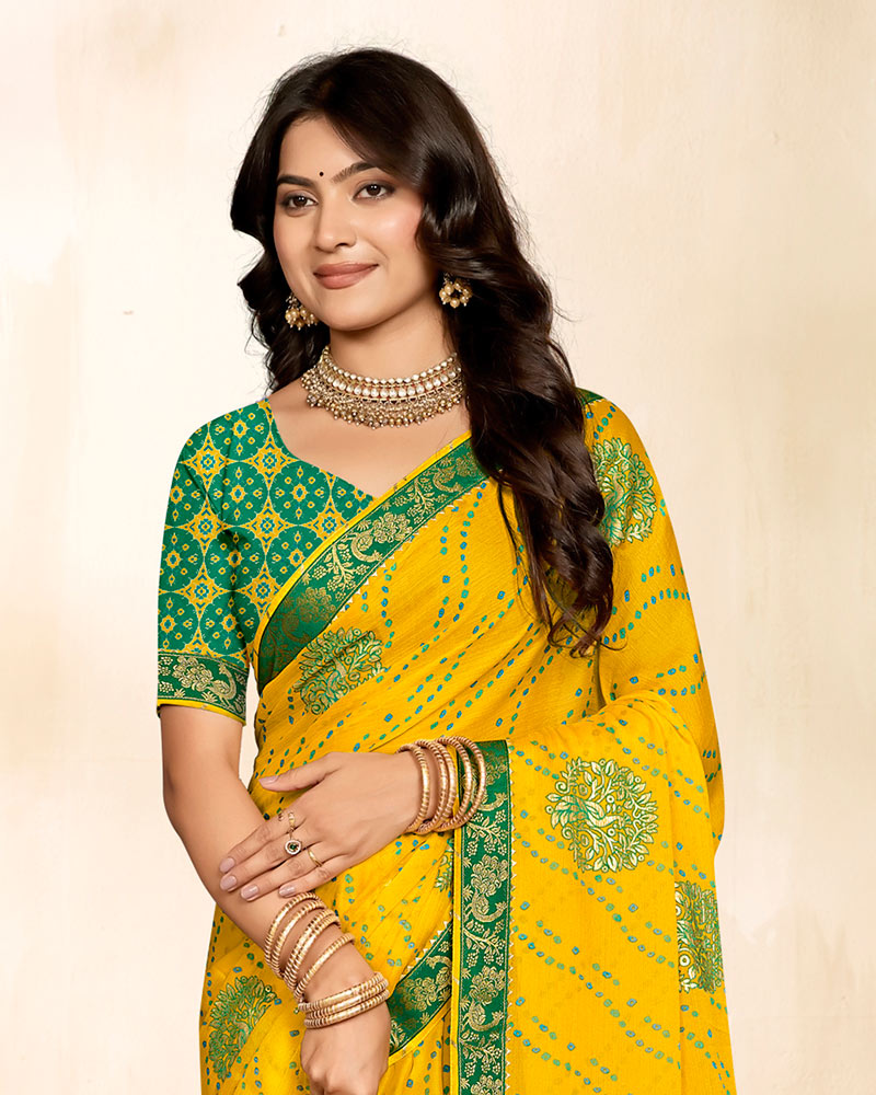 Vishal Prints Dark Tulip Yellow Printed Chiffon Traditional Print Saree With Foil Print And Zari Border