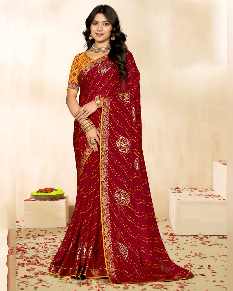 Vishal Prints Red Wine Printed Chiffon Traditional Print Saree With Foil Print And Zari Border
