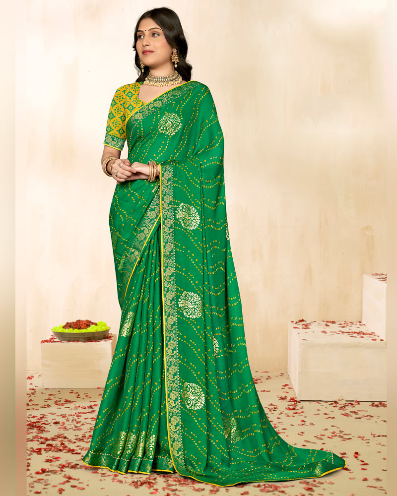 Vishal Prints Dark Spring Green Printed Chiffon Traditional Print Saree With Foil Print And Zari Border