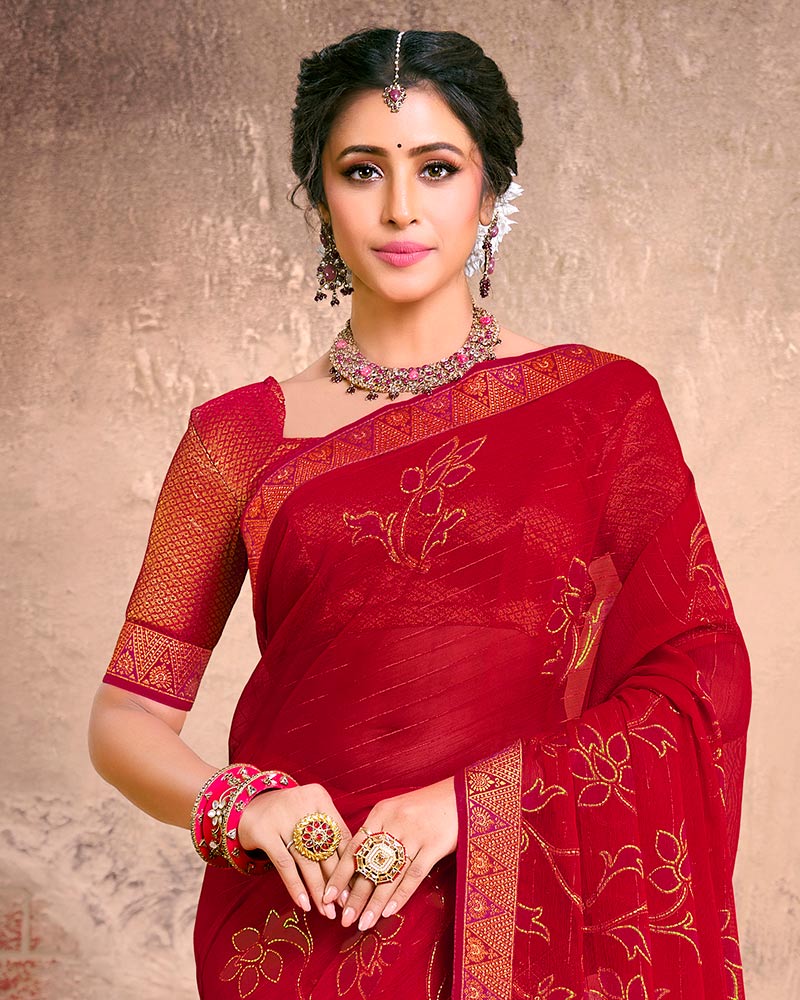 Vishal Prints Cherry Red Fancy Brasso Saree With Foil Print And Zari Border