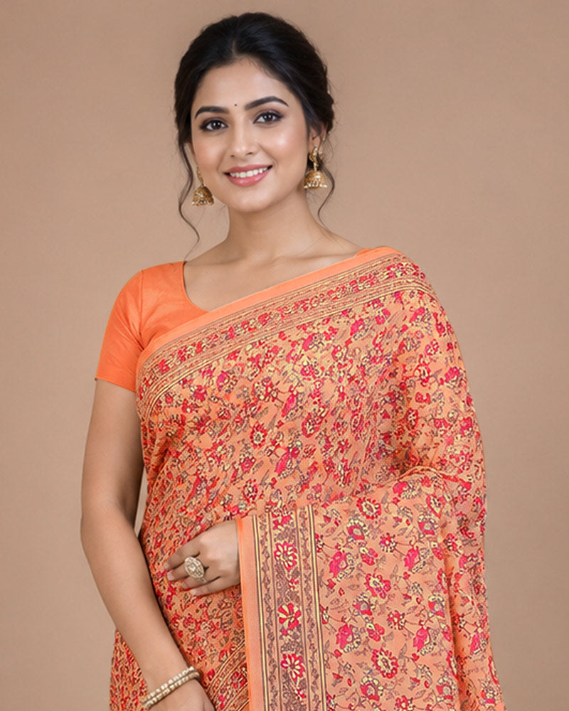Vishal Prints Dark Salmon Orange Digital Print Georgette Saree