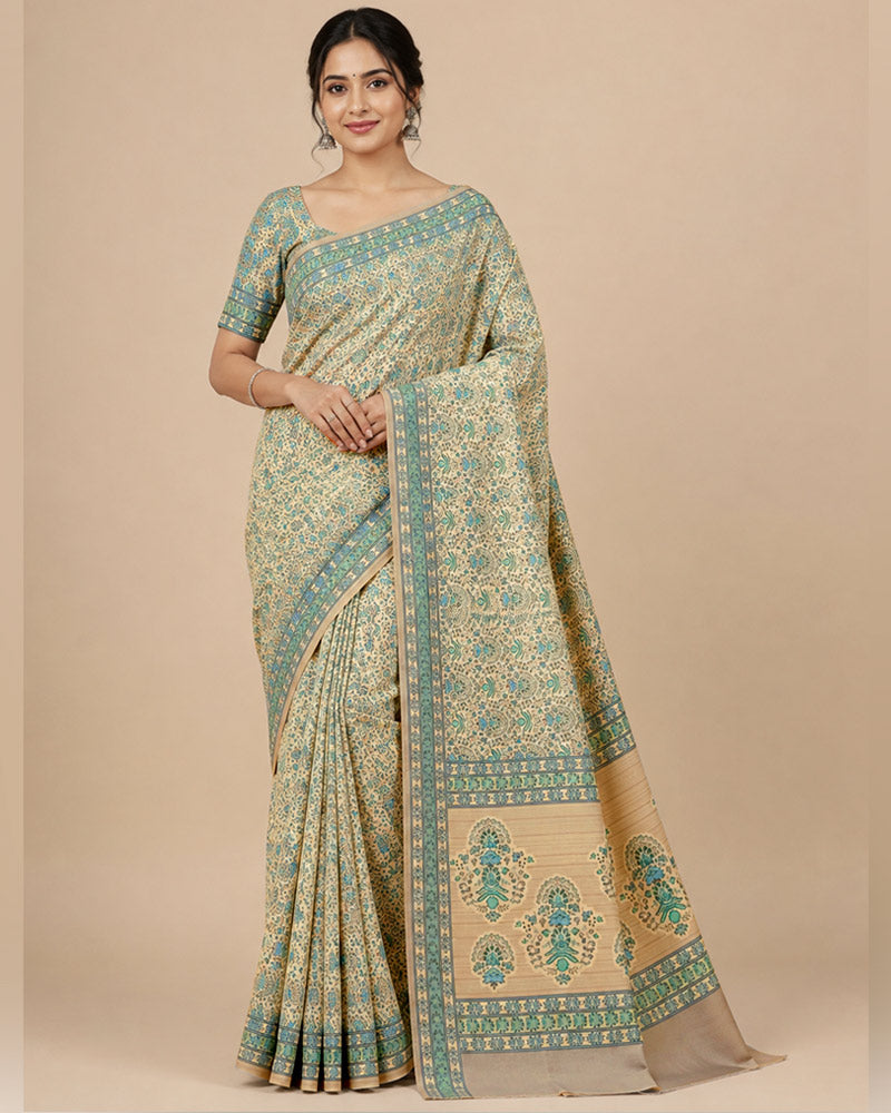 Vishal Prints Pastel Beige And Spanish Green Digital Print Georgette Saree