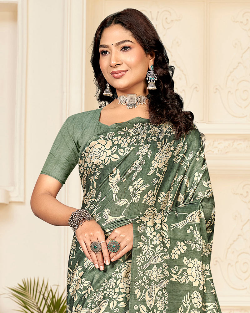 Vishal Prints Spanish Green Digital Printed Poly Cotton Saree With Tassel