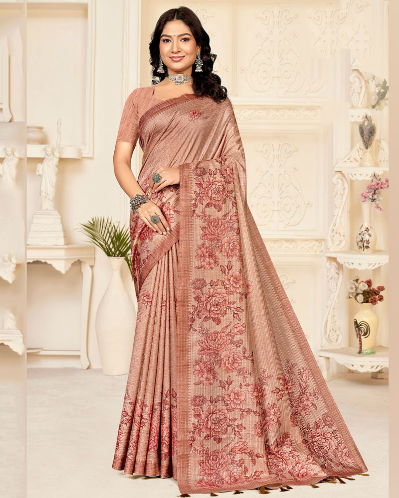 Vishal Prints Pinkish Tan Digital Printed Poly Cotton Saree With Tassel