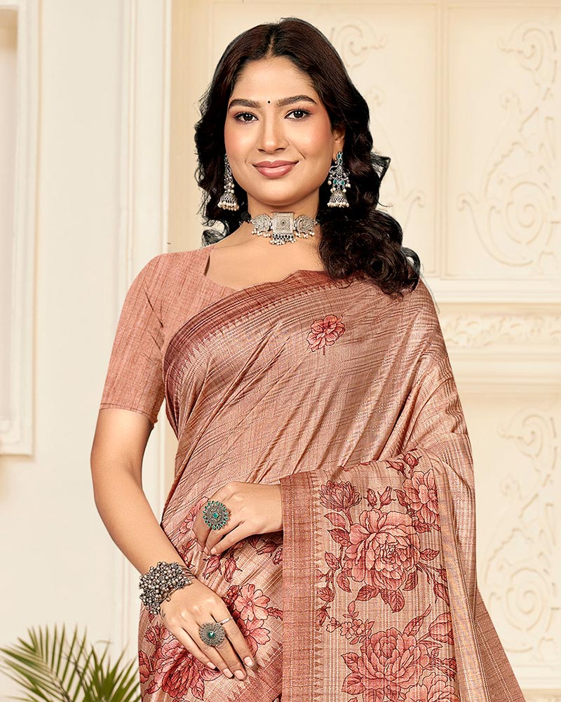 Vishal Prints Pinkish Tan Digital Printed Poly Cotton Saree With Tassel