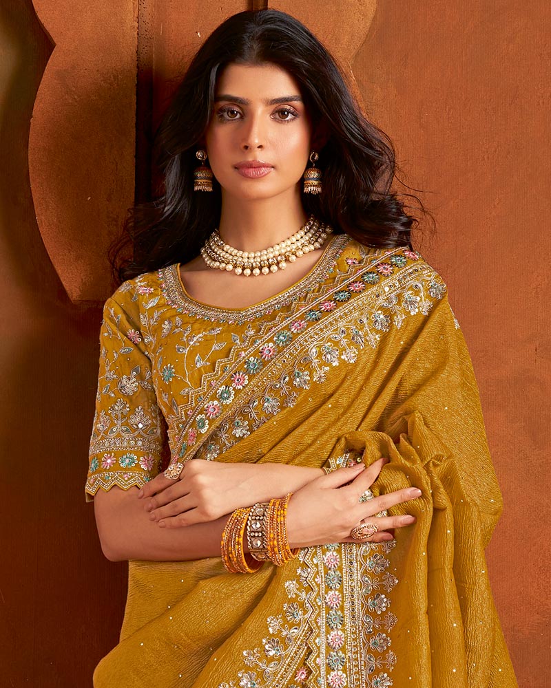 Vishal Prints Haldi Designer Crushed Chiffon Saree With Embroidery Diamond Work And Cut Work Border