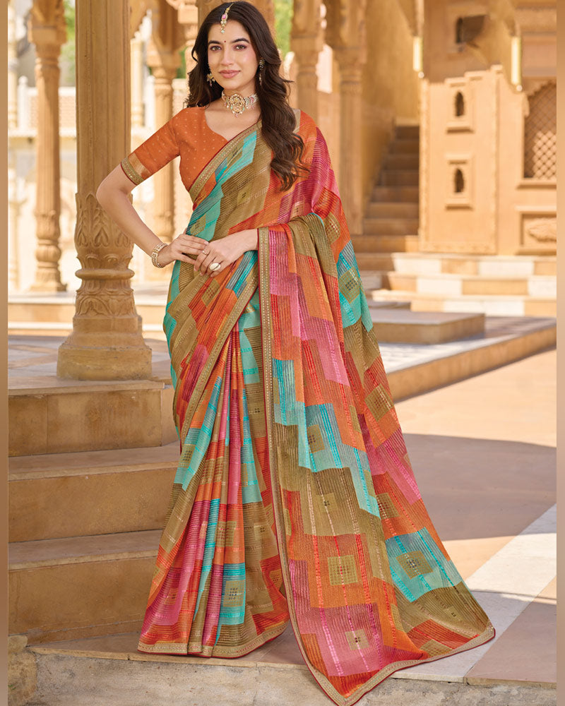 Vishal Prints Multicolor Printed Patterned Brasso Saree With Fancy Embroidery Border