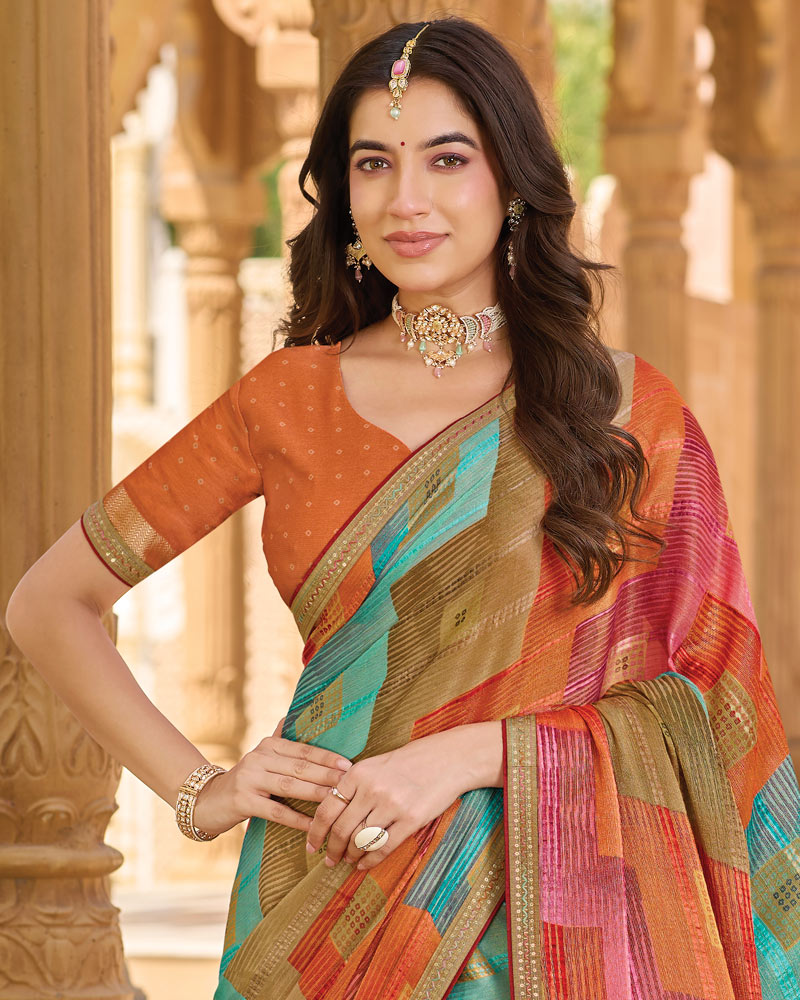 Vishal Prints Multicolor Printed Patterned Brasso Saree With Fancy Embroidery Border
