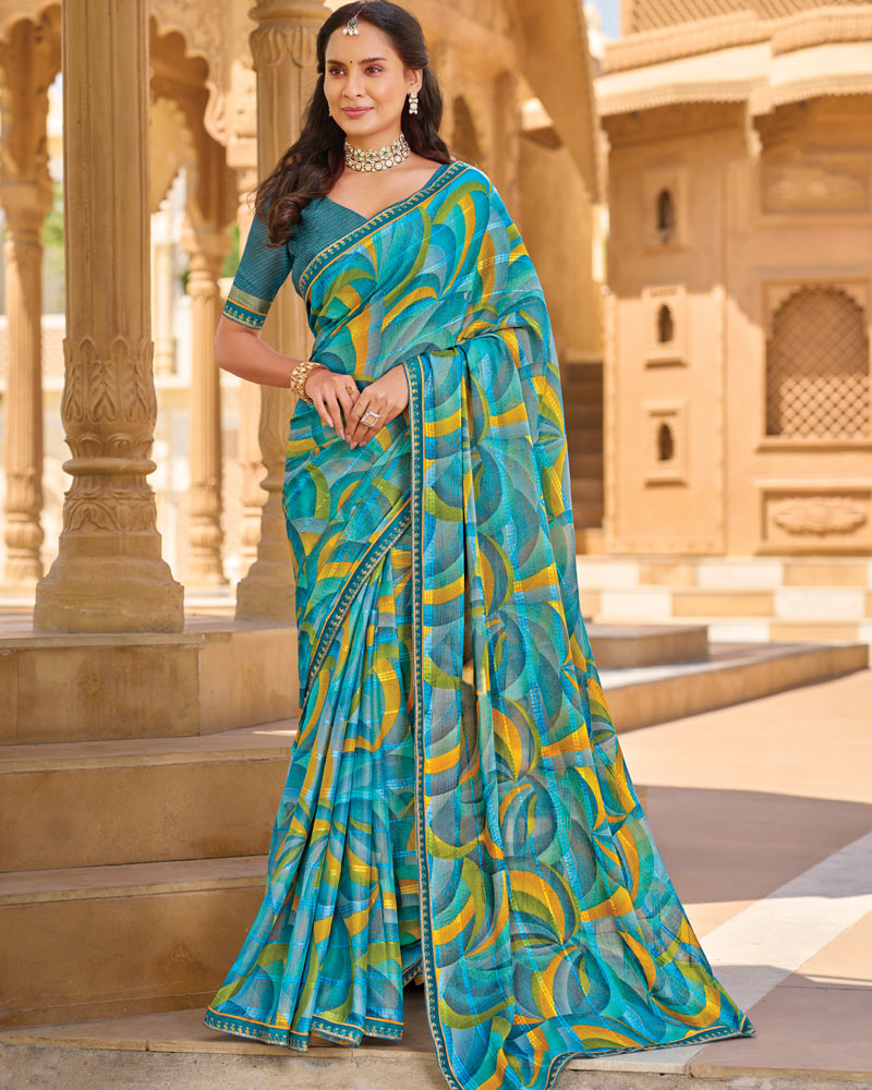 Vishal Prints Multi Blue Printed Patterned Brasso Saree With Fancy Embroidery Border