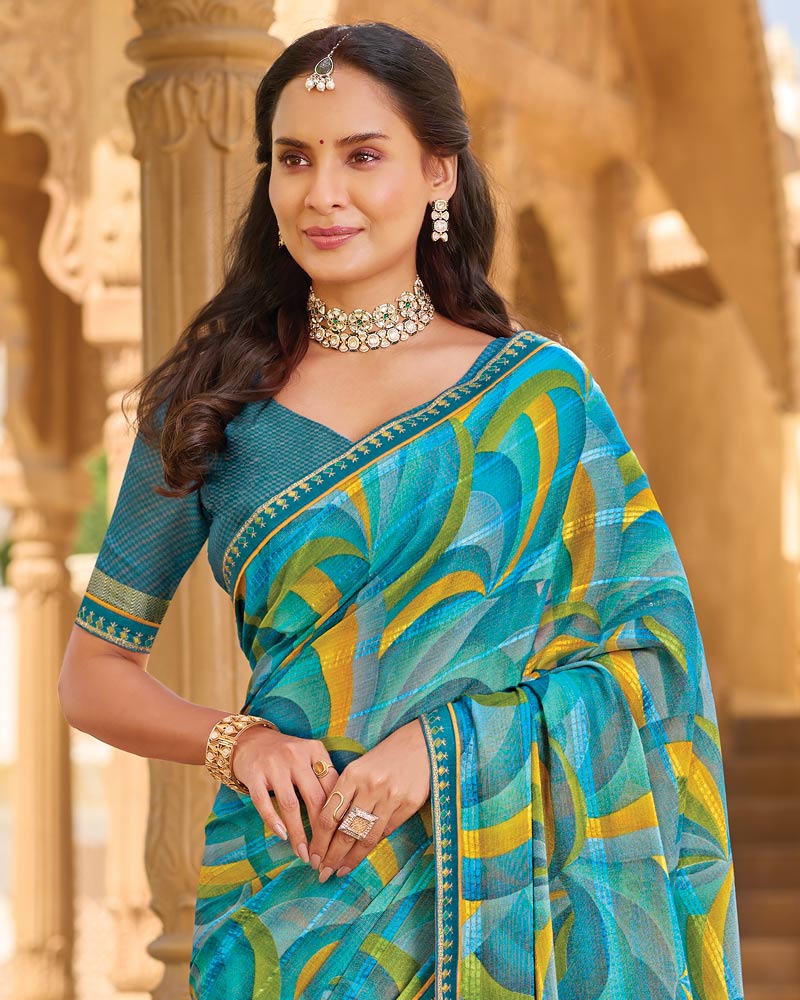 Vishal Prints Multi Blue Printed Patterned Brasso Saree With Fancy Embroidery Border
