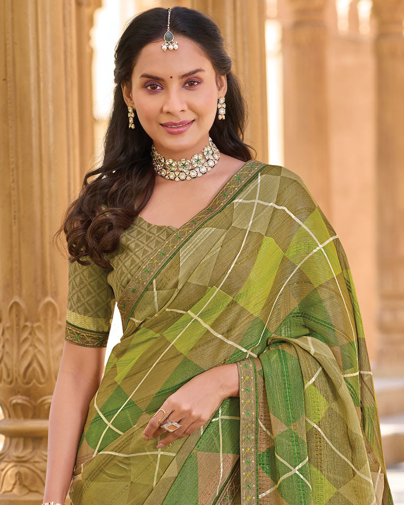 Vishal Prints Greenish Beige Printed Patterned Brasso Saree With Fancy Embroidery Border