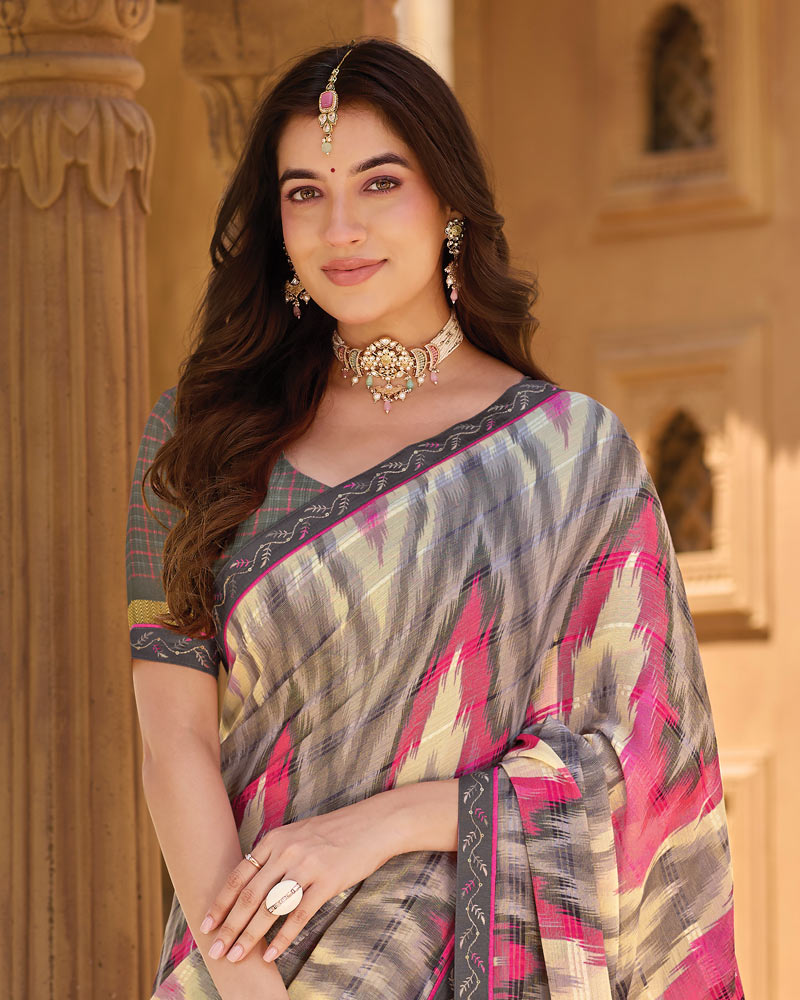 Vishal Prints Grey Pink Printed Patterned Brasso Saree With Fancy Embroidery Border