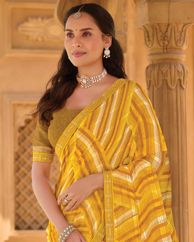 Vishal Prints Yellow Brown Printed Patterned Brasso Saree With Fancy Embroidery Border