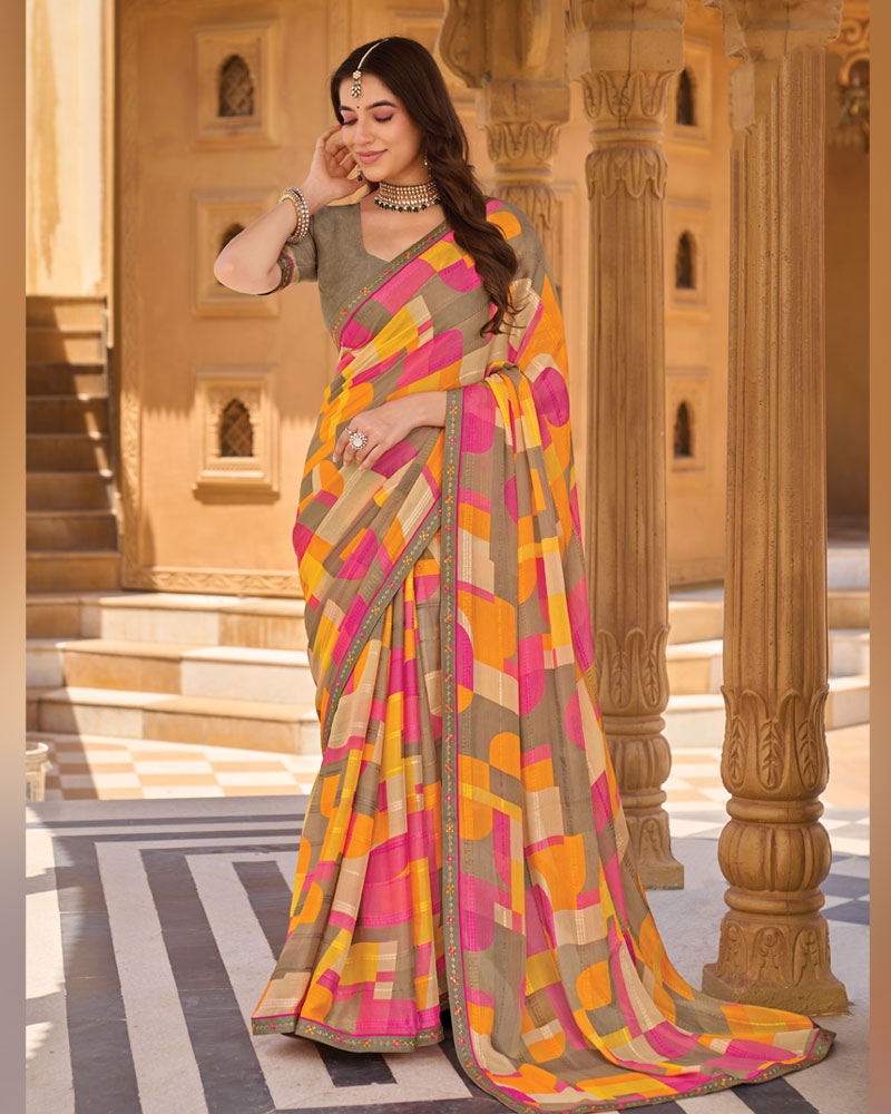 Vishal Prints Pink Brown Printed Patterned Brasso Saree With Fancy Embroidery Border
