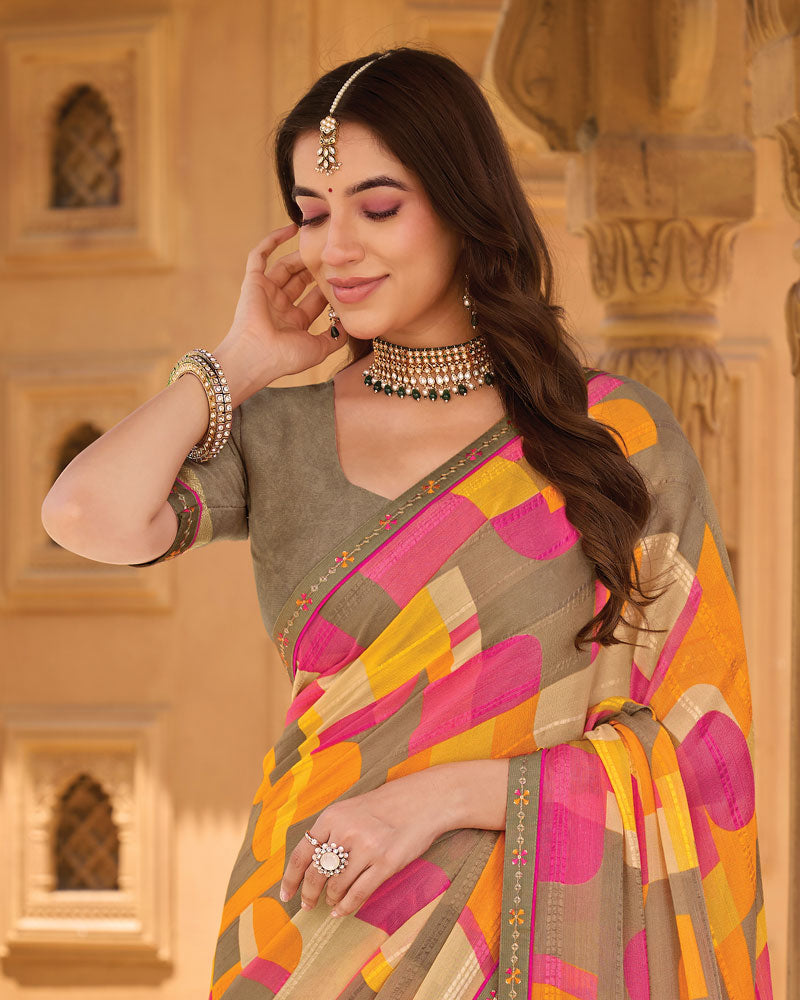 Vishal Prints Pink Brown Printed Patterned Brasso Saree With Fancy Embroidery Border