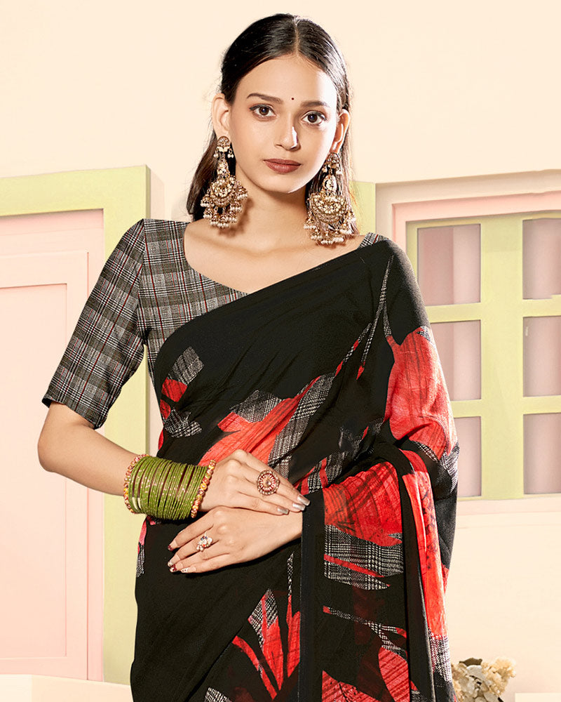 Vishal Prints Black And Milano Red Digital Print Georgette Saree