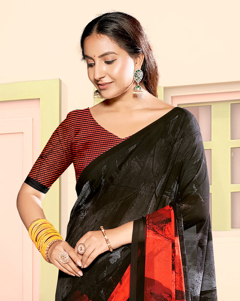 Vishal Prints Black And Chili Red Digital Print Georgette Saree