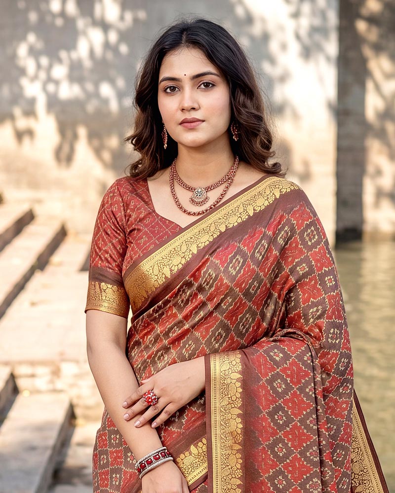 Vishal Prints Rusty Red Digital Print Criva Moss Saree With Zari Weaving